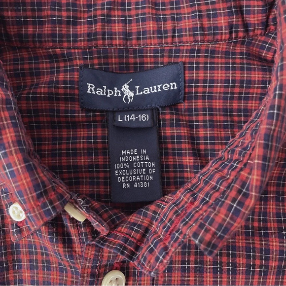 Ralph Lauren Boy’s Button Down Plaid Shirt Size Large 14-16 Red Blue - Picture 4 of 9